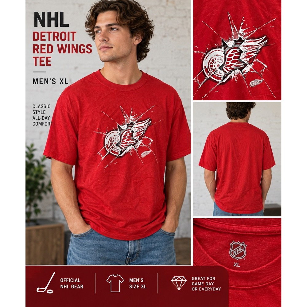 NHL Detroit Red Wings Tee Mens XL Red Short Sleeve Shattered Glass Logo Shirt